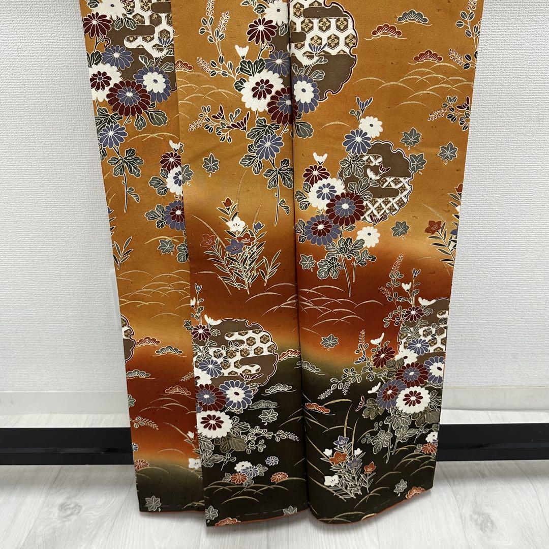 華やか 振袖 染め分けに花模様 着物 正絹 袷 広衿 RK-3938 小紋付下げ 裄66 雪輪に花模様 華やかな染め 着物 正絹 広衿 RK