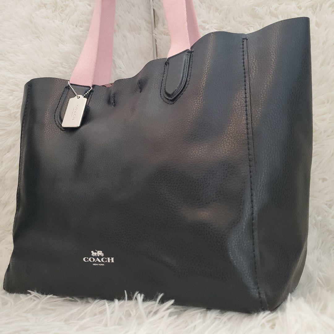 ⭐美品⭐COACH 黒レザートートバッグ ピンクハンドル シボ革 ハート