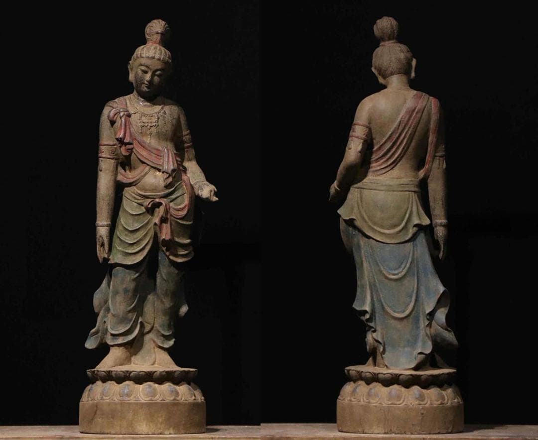 中国古美術 明時代 楠木自在観音像 高さ93cm 関東の方傷や汚れあり