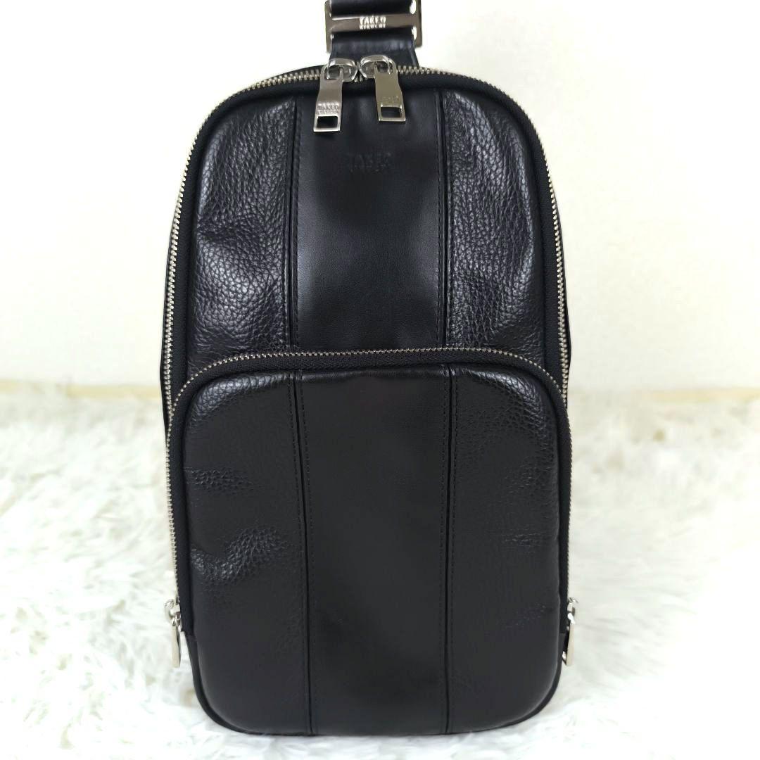 ✨未使用級極美品✨ タケオキクチ ラインブロッキング ボディバッグ レザー 黒 ✨未使用級極美品✨ タケオキクチ ラインブロッキング ボディ