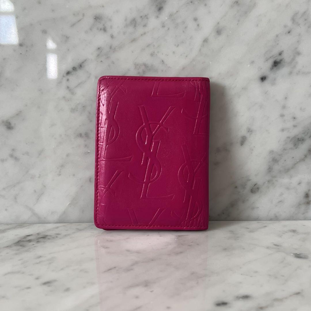 90s イヴサンローラン カードケース 二つ折り ピンク YSL 本革 レザー