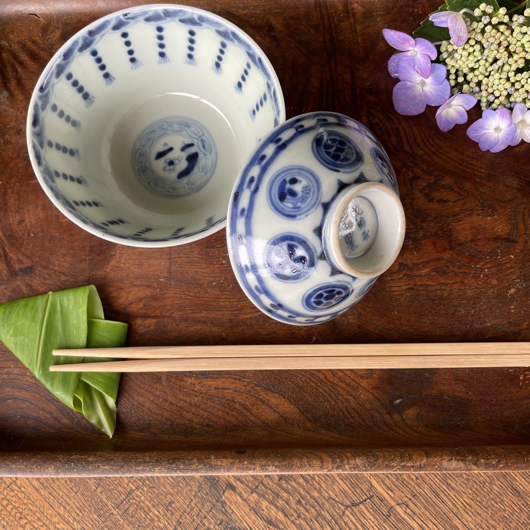 古伊万里 丸紋染付 瓔珞紋 蓋付飯碗・向付「大明成化年製」江戸