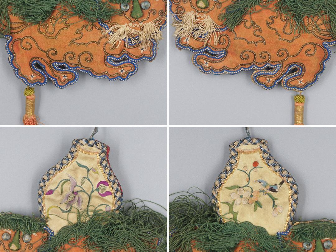 繍】 ☆ 民俗 杏紅緞製獅子形荷包 ☆ 清朝期 花卉 流蘇 刺繍文様