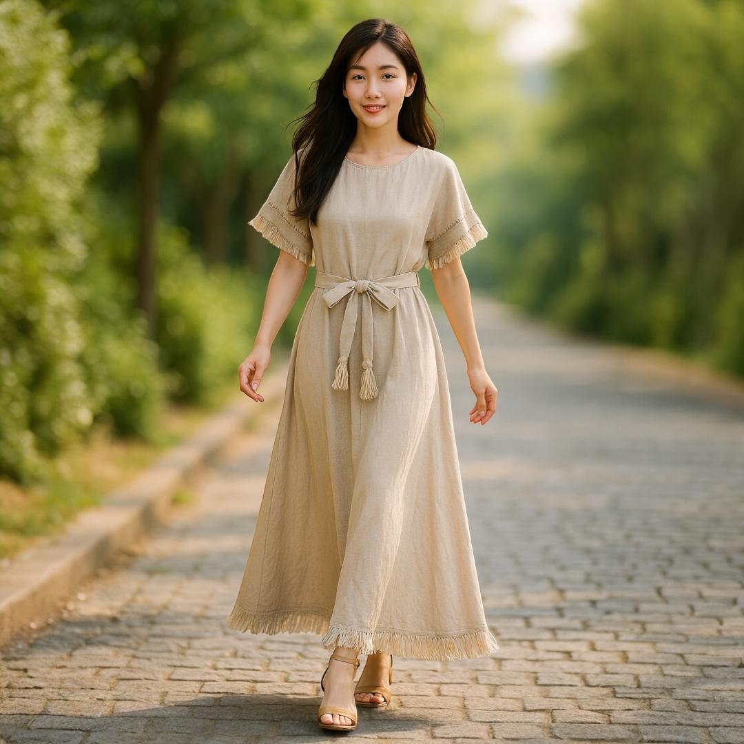 マッドロミー 新品 フリンジ✨2wayコットンリネンワンピースベージュ体型カバー