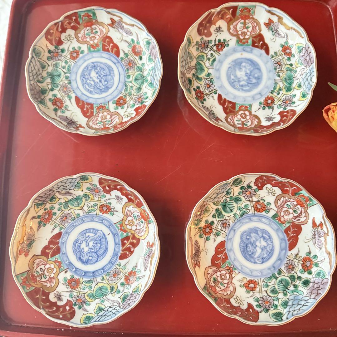 いいとこどり‼️伊万里上手錦手Dragon❌あじさい　桐に蝶蜂菊七寸皿＆小皿2客