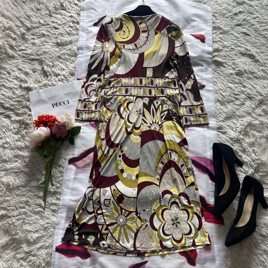 美品】EMILIO PUCCI プッチ柄 膝丈ワンピース ドレープ 七分袖