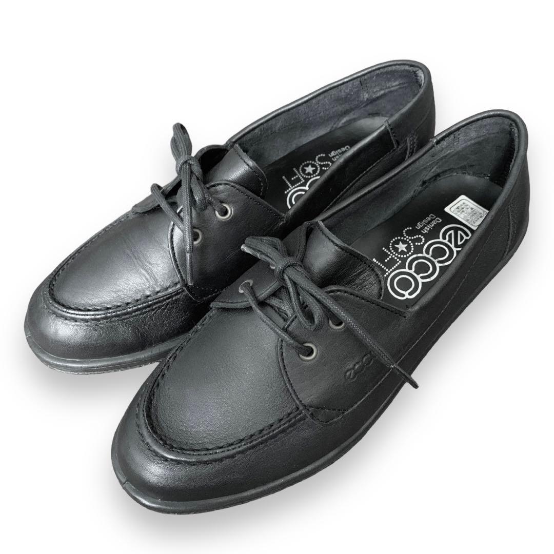 未使用】ecco 日本製 レザースニーカー 紐付きローファー24.0cm黒 人気
