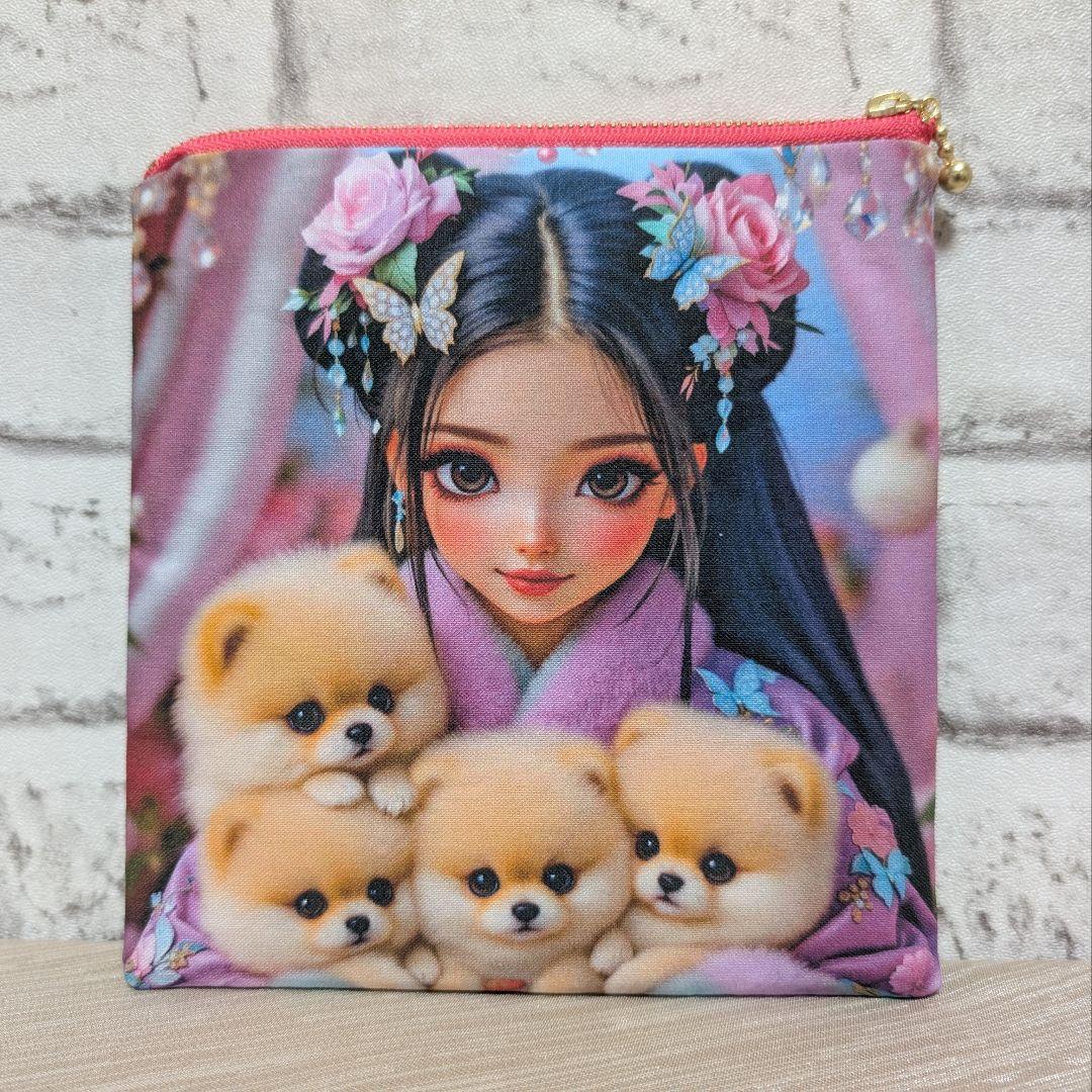 ❤オーダー受付❤フラットポーチ❤女の子とポメラニアン