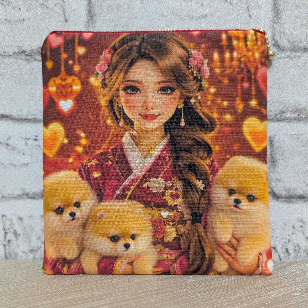 ❤オーダー受付❤フラットポーチ❤女の子とポメラニアン