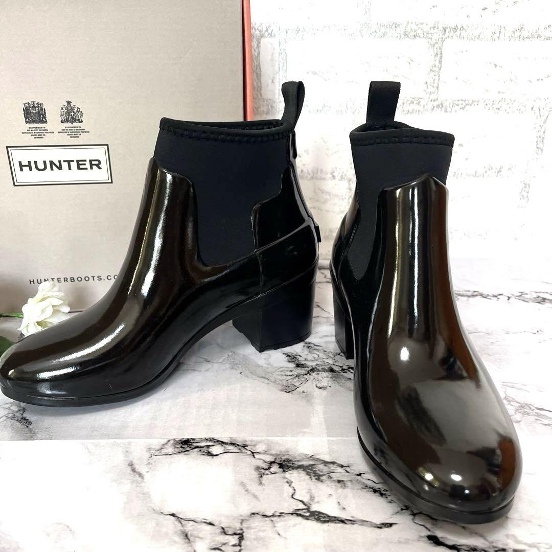 新品【ハンター】リファインド ミッド ヒール グロス レインブーツ♡箱付 黒23