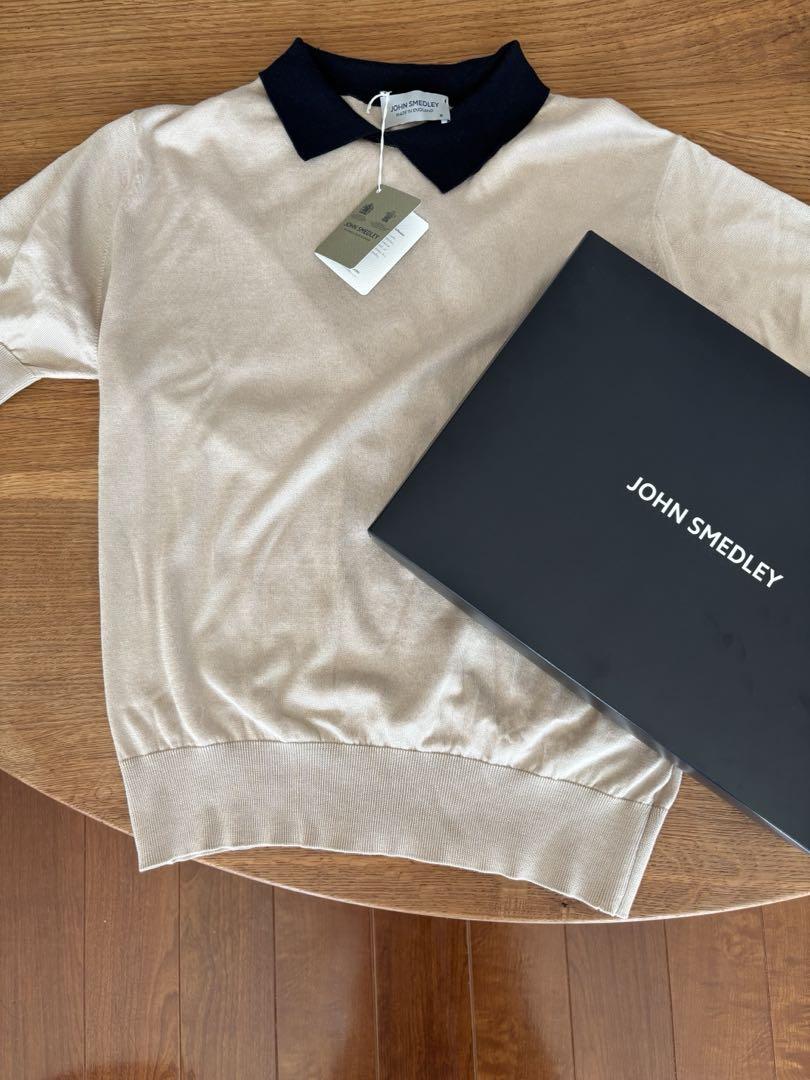 JOHN SMEDLEY 未使用　正規品　半袖ニット M ベージュ ネイビー襟