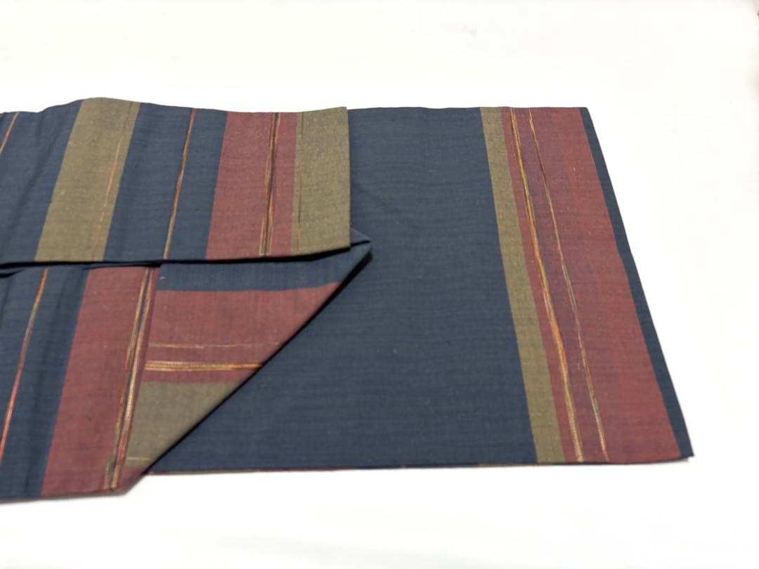 A 横縞模様 ボーダー 落ち着いた色合い 六通 紬 正絹 カジュアルな名古屋帯