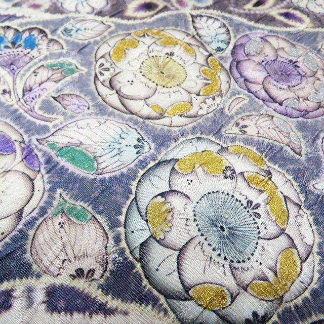 【全通柄袋帯】辻が花 袋帯 美品 秀品 辻が花柄 金糸 箔 灰紫 六通 正絹 【中古