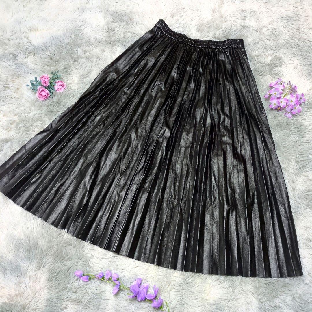 【GU】フェイクレザープリーツスカート☆Lサイズ☆黒☆ウエストゴム