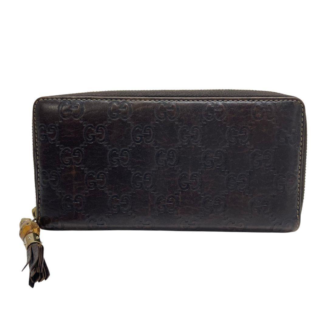1559 GUCCI グッチ 長財布 シマレザー ダークブラウン バンブー