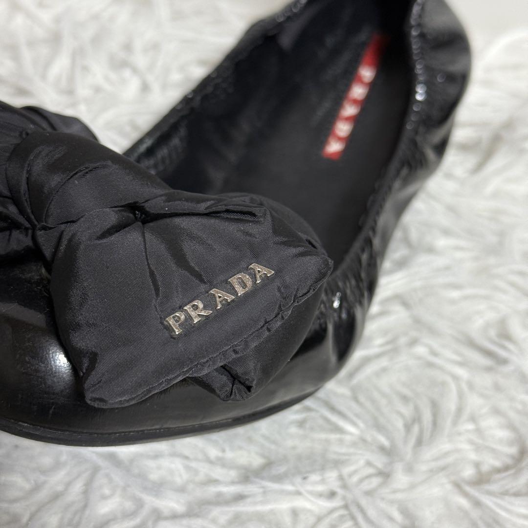 美品✨PRADA プラダ パテントレザー　リボン　フラットパンプス　ブラック