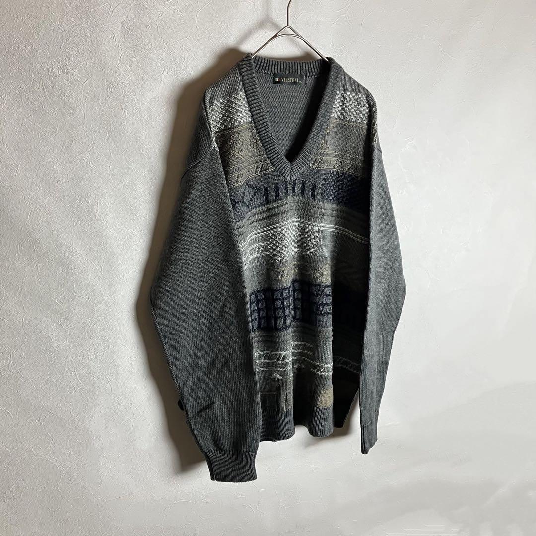 90s ビンテージニット　アルパカ混　Vネック　幾何学模様　日本製　レトロ古着