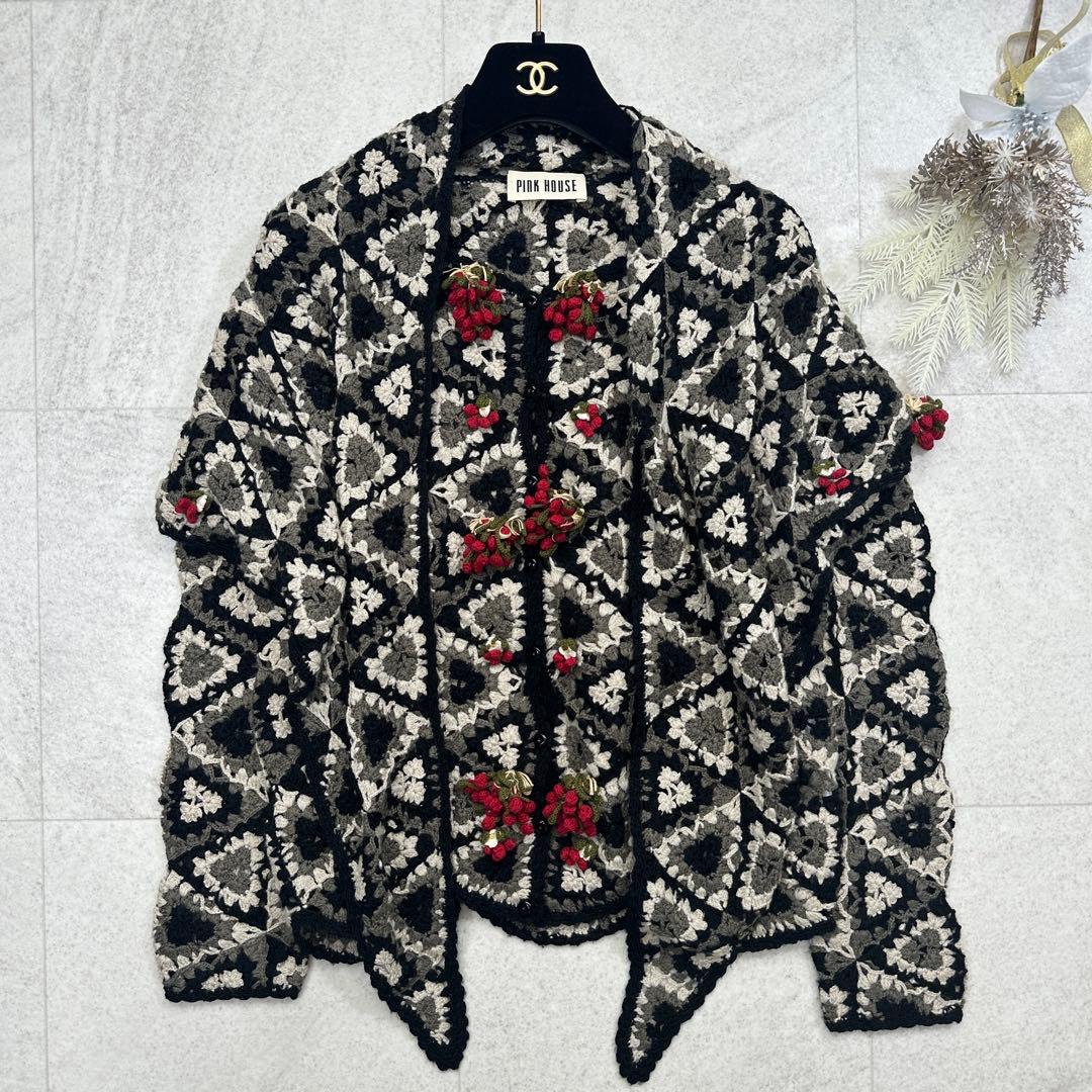 【ピンクハウス】クロシエ編み カーディガン モチーフ パッチワーク風 ショール 【ピンクハウス】クロシエ編み カーディガン モチーフ パッチワーク風 ショール