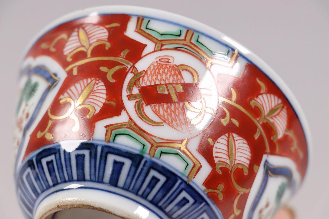 CK36 冨貴長春 古伊万里 煎茶 茶碗 五客 松梅 亀甲宝唐草 花 錦手 色絵