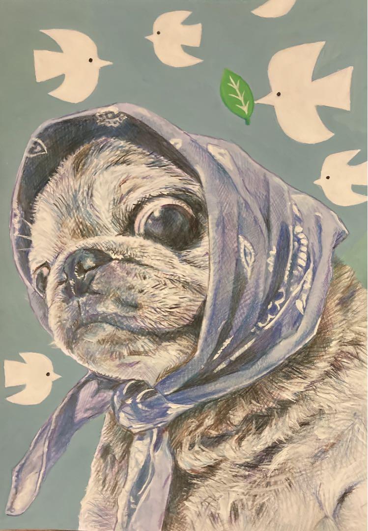 りんねページです。　色鉛筆画　パグ　犬の絵