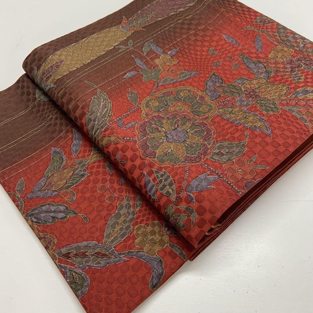 洒落袋帯 正絹 型押し シックな華柄 全通 K-6985
