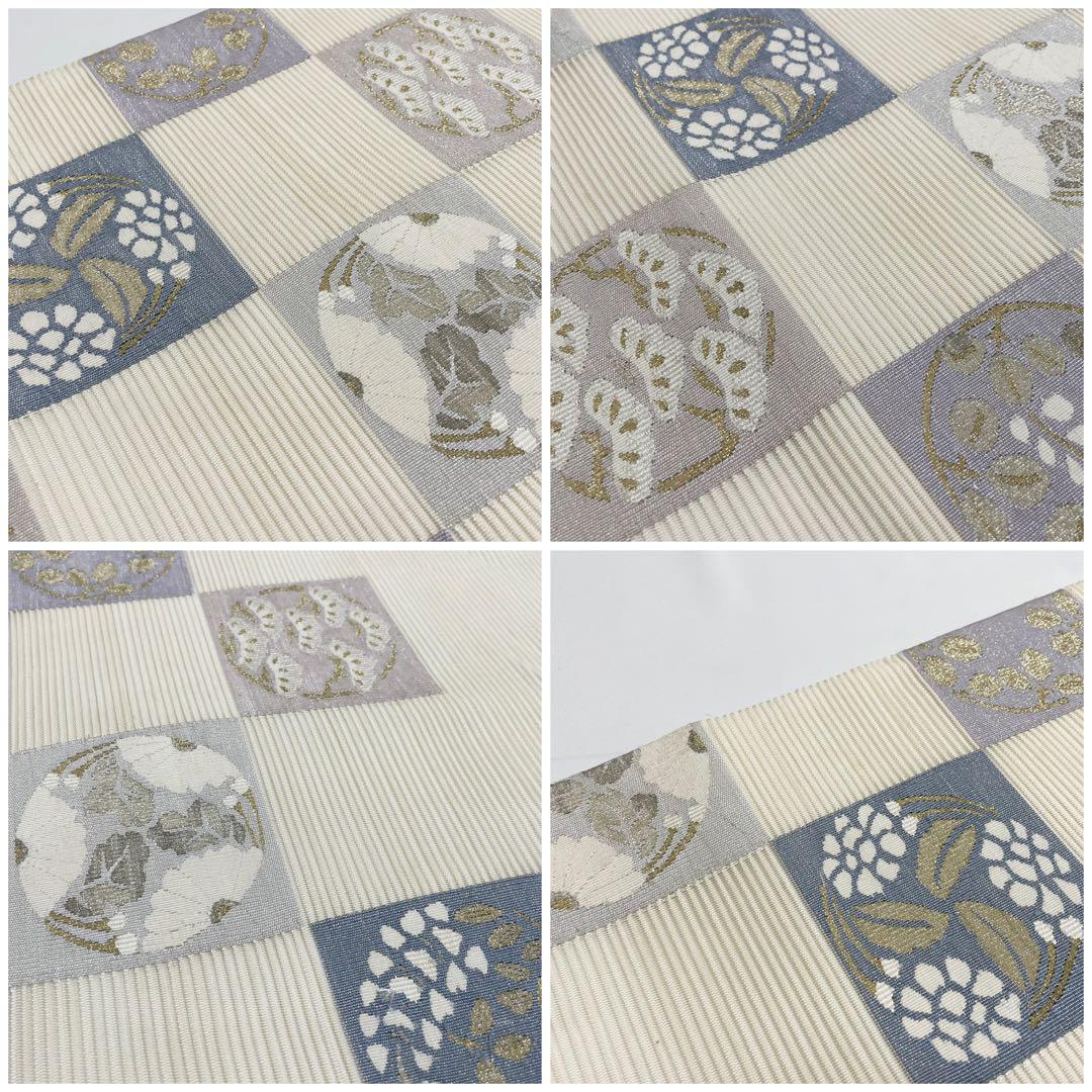 C5 京都ますいわ屋 夏物 紗 市松/菊/松 金銀糸 白 太鼓柄 正絹