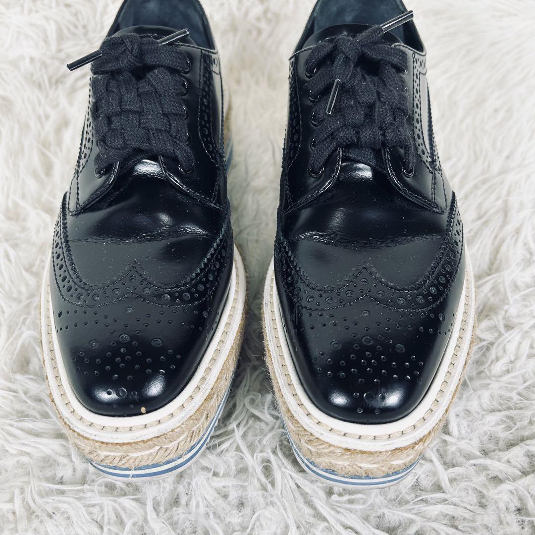 美品 PRADA プラダ エスパドリーユ ウイングチップ レースアップ