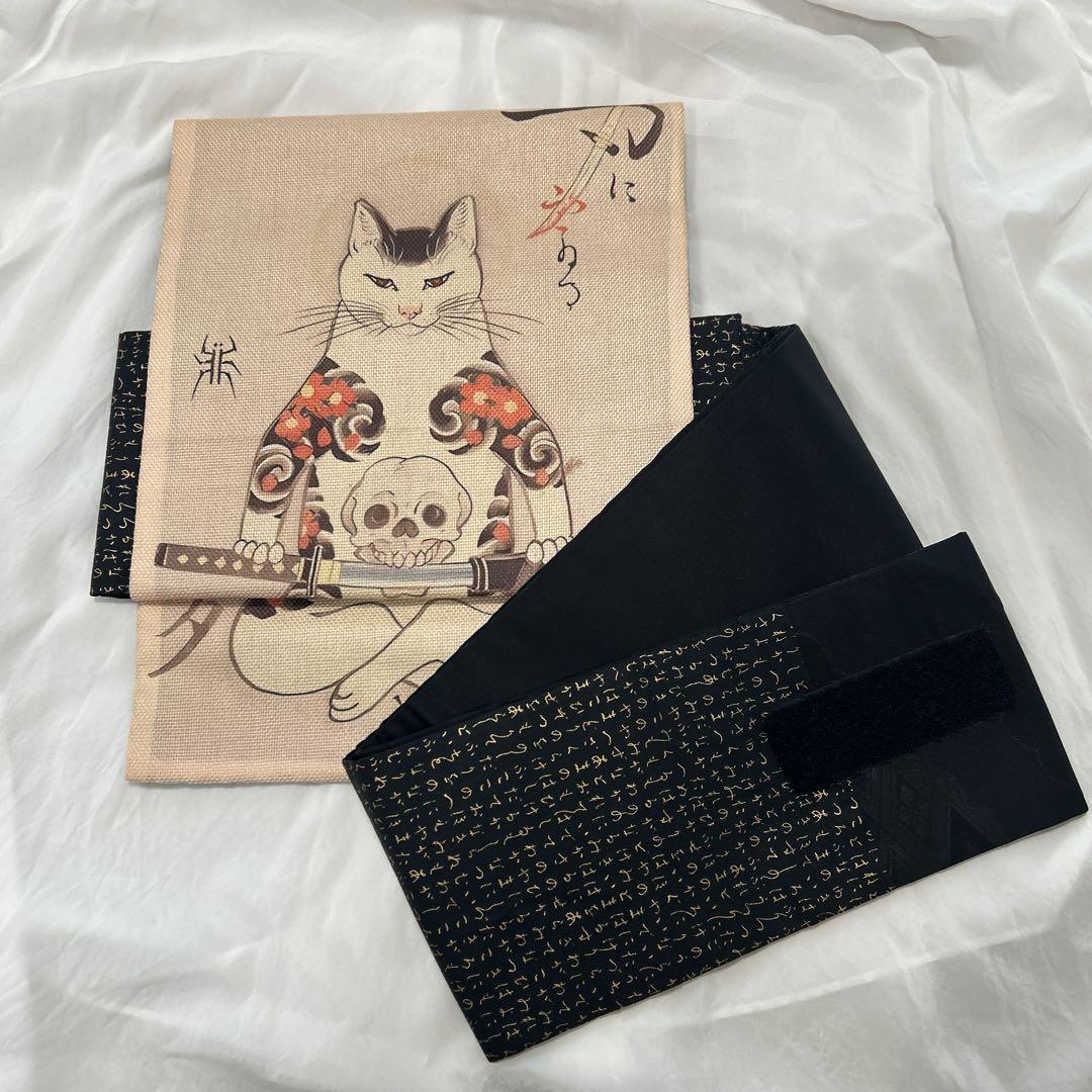 【ワンタッチ式・太鼓結び】九寸名古屋帯 西陣織 入れ墨猫模様 未使用品 #268