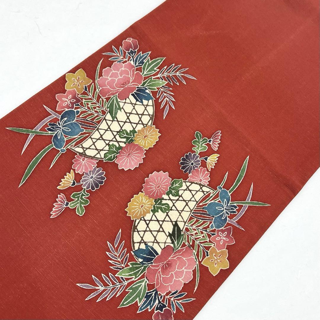 京袋帯 紬 型染め 花柄模様 猩々茶色 PO-3075
