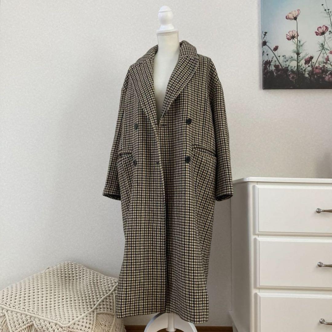 ❤️ZARA❤️ チェスターロングコート ブラウン系 千鳥格子 《S