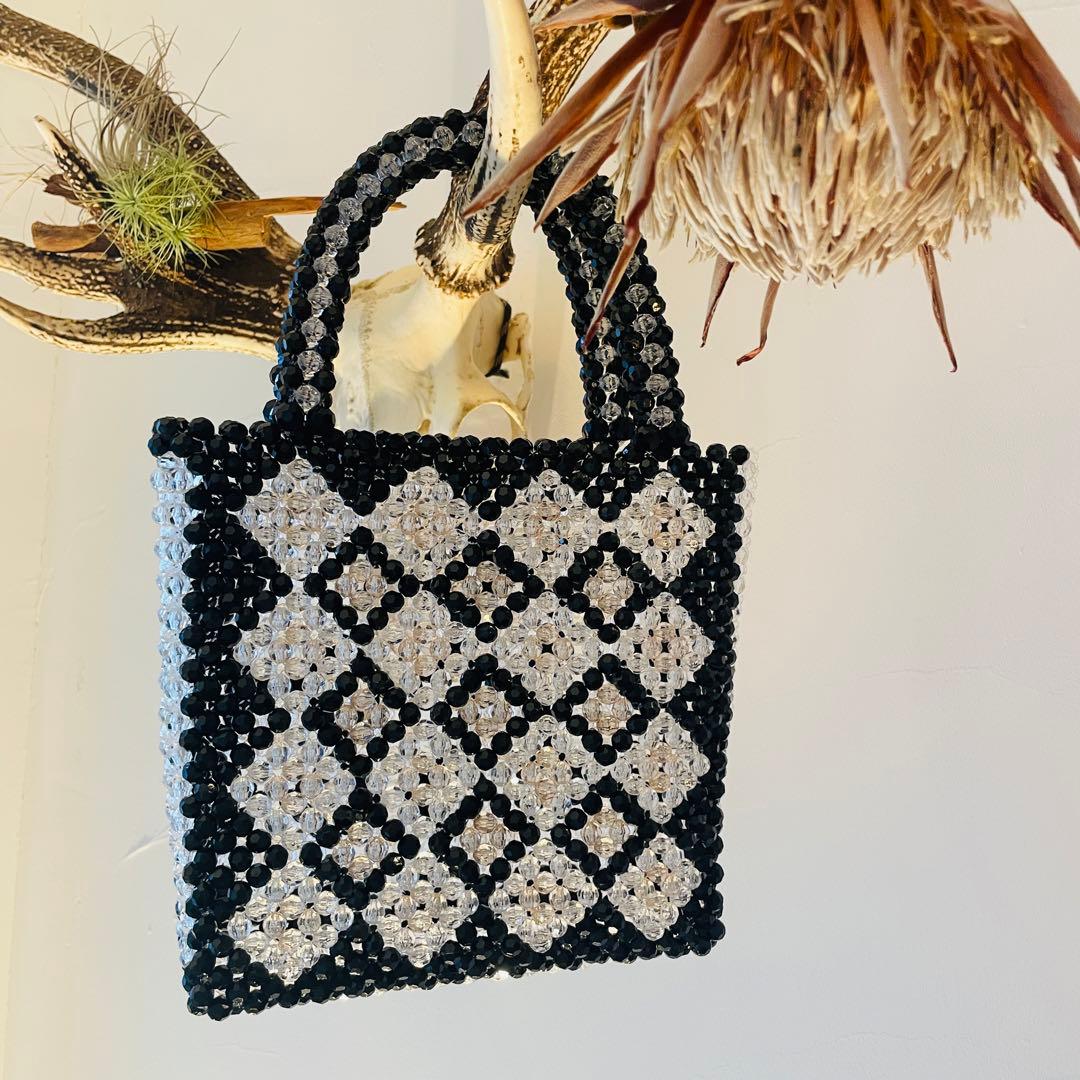黒×クリア×ベージュ アーガイル柄 ビーズバッグ ハンドメイド