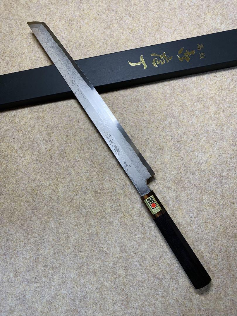 堺打刃物森本光一作刺身 先丸青ニ鋼 墨流し尺一寸黒檀八角水牛柄