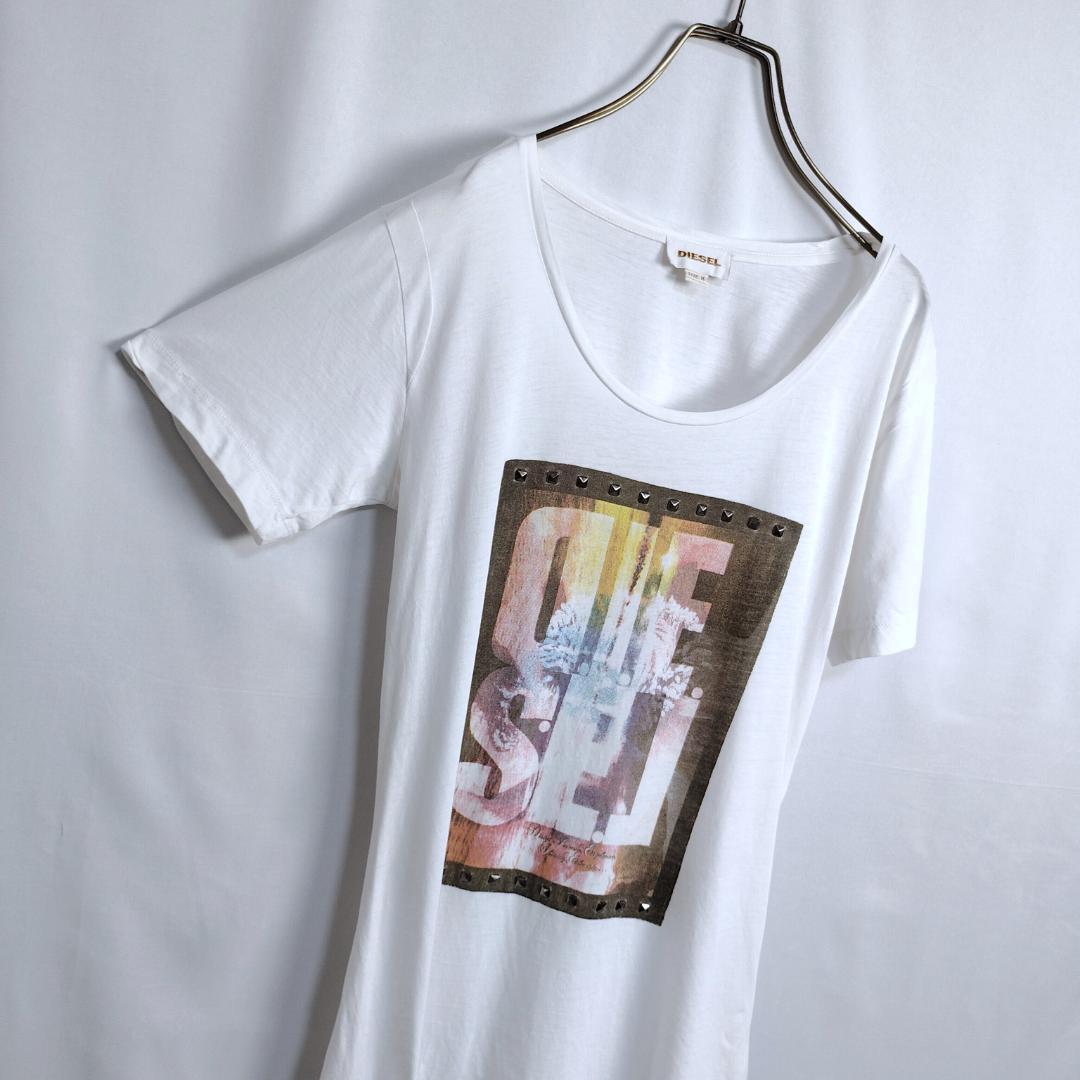 DIESEL☆Tシャツ　半袖　コットン　ビッグロゴ　プリント　スタッズ　白　M