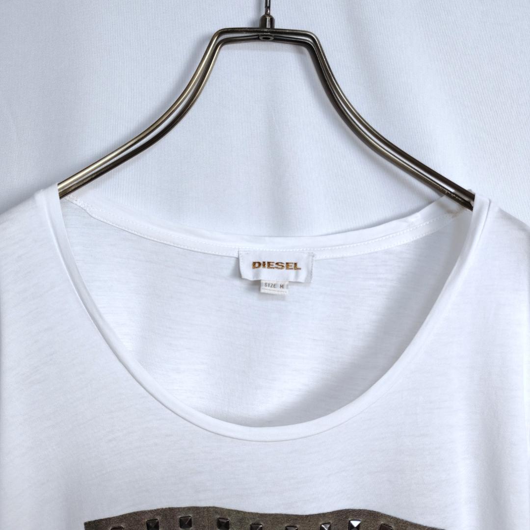 DIESEL☆Tシャツ　半袖　コットン　ビッグロゴ　プリント　スタッズ　白　M
