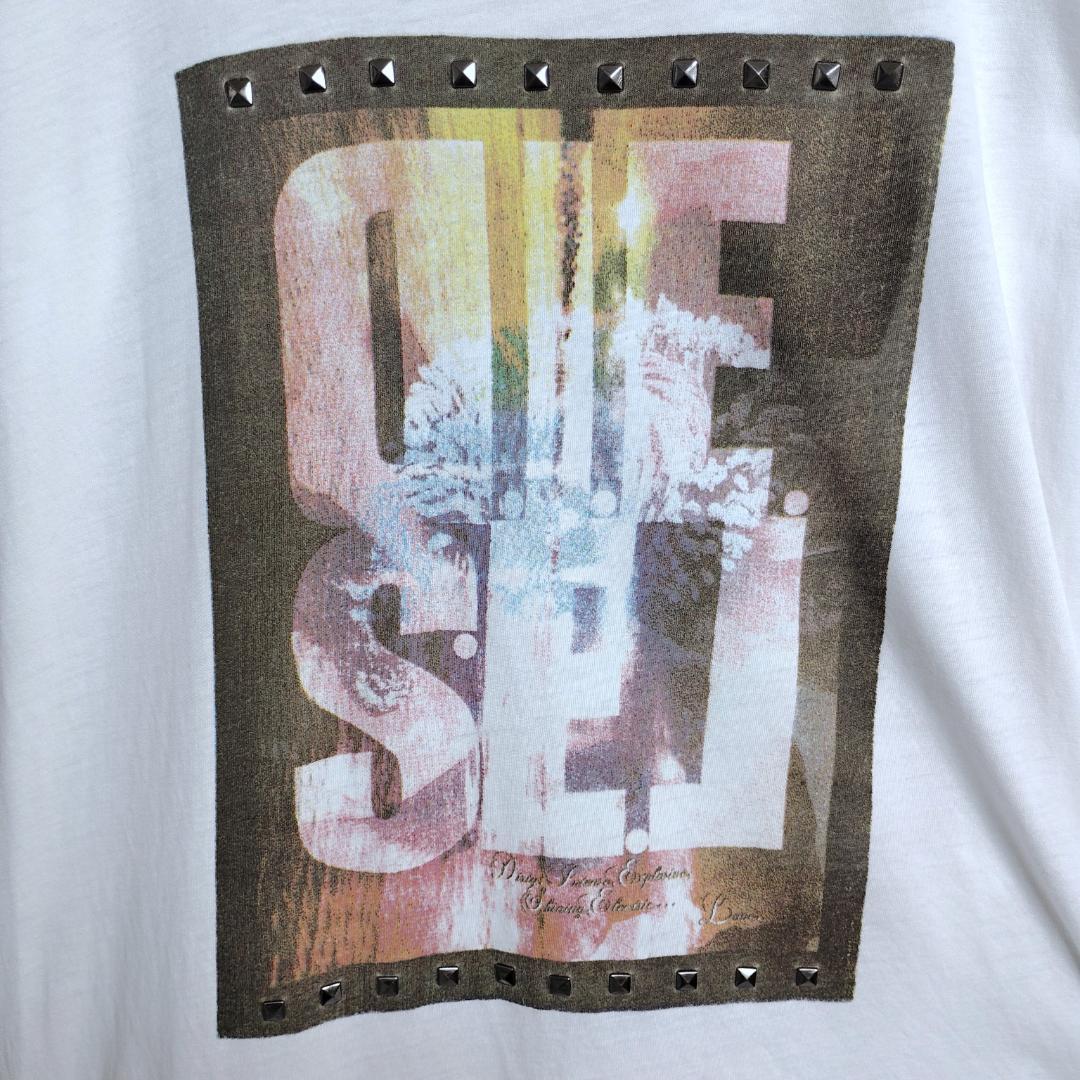 DIESEL☆Tシャツ　半袖　コットン　ビッグロゴ　プリント　スタッズ　白　M