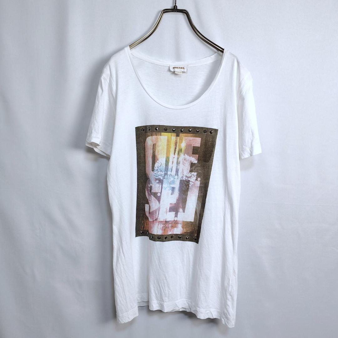 DIESEL☆Tシャツ　半袖　コットン　ビッグロゴ　プリント　スタッズ　白　M