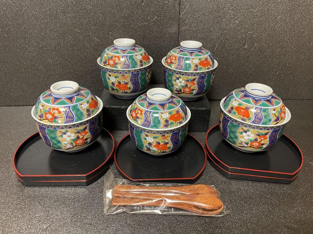 大人気南山窯古伊万里花柄茶碗蒸し器＆瓢型盆＆スプーン蓋付煮物椀5客セット