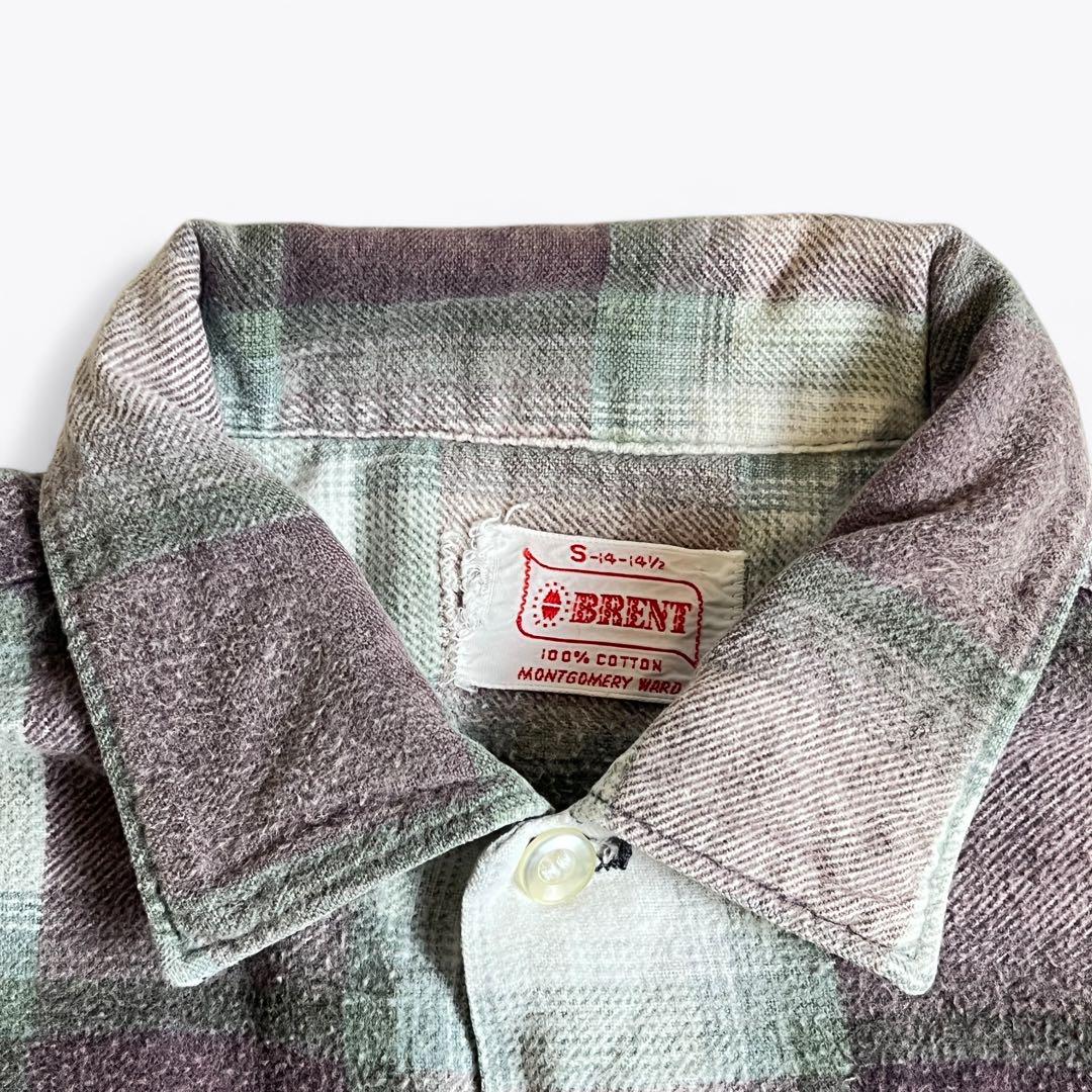 50s 60s BRENT オンブレ マチ付き プリントネルシャツ ヴィンテージ
