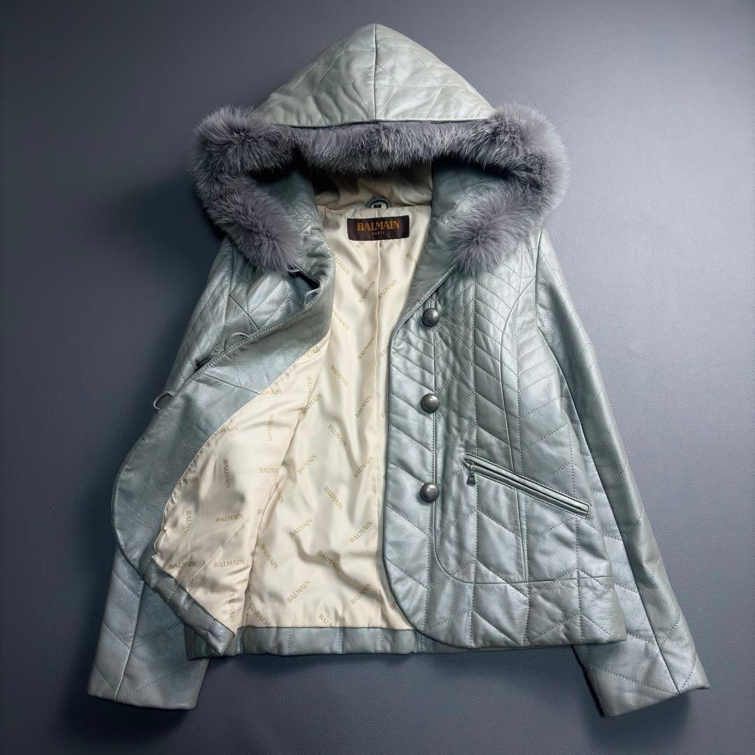 級 バルマン 羊革 レザージャケット キルティング フォックスファー 13L BALMAIN