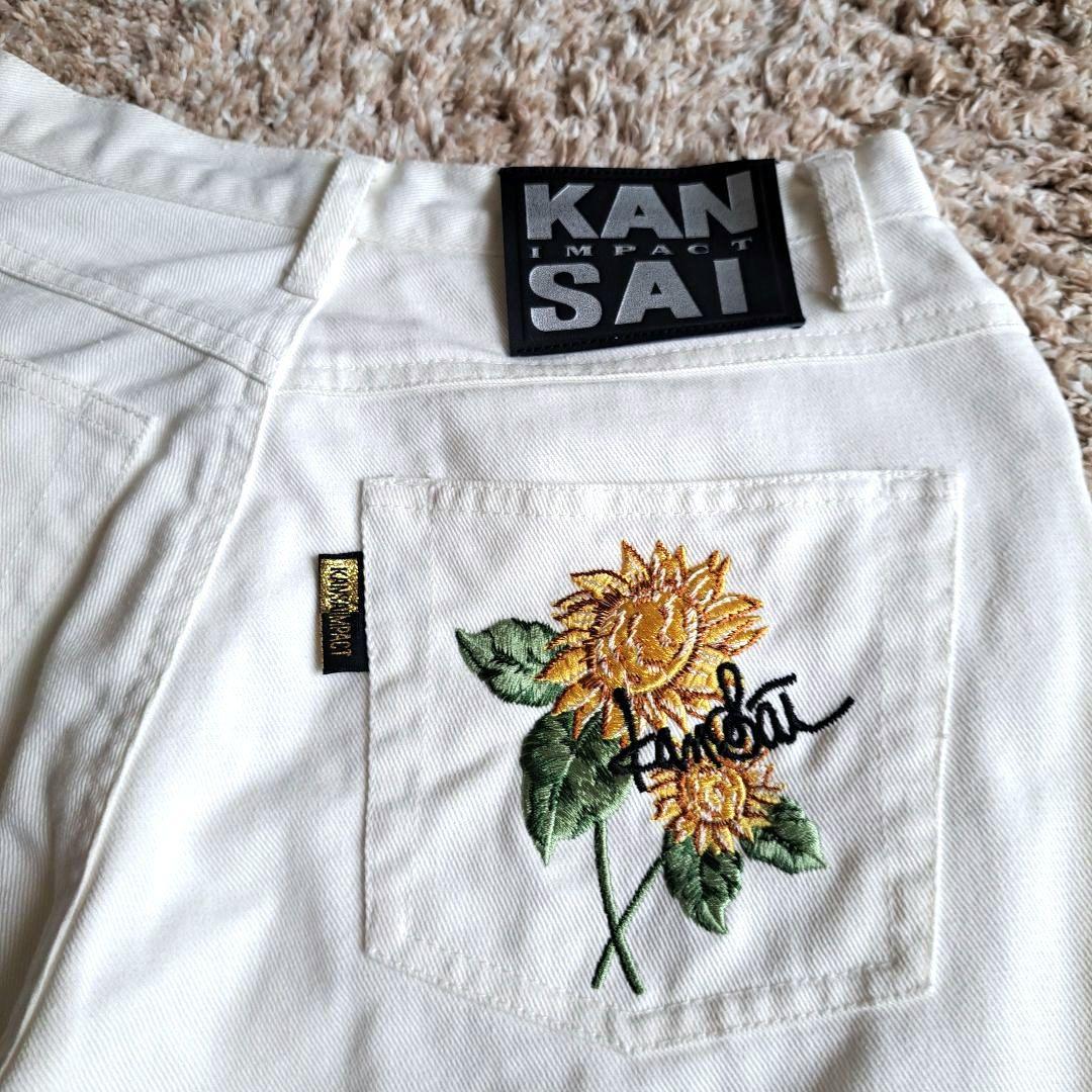 特価商品  超希少ひまわり刺繍 個性派 Y2K レトロ 白 フレアデニムパンツ パンツ