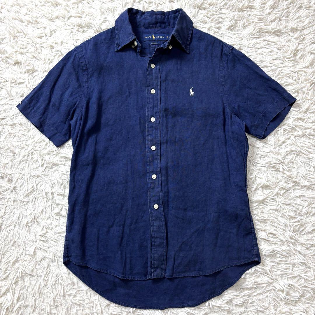 リネン100%✨ RALPH LAUREN ボタンダウンシャツ ネイビー S ラルフローレン 半袖シャツ リネン100 ボタンダウン ポニー刺繍