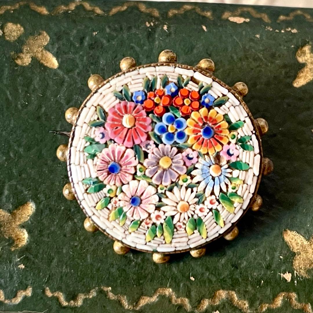 マイクロモザイクブローチ フラワー イタリアアンティーク 検フランス