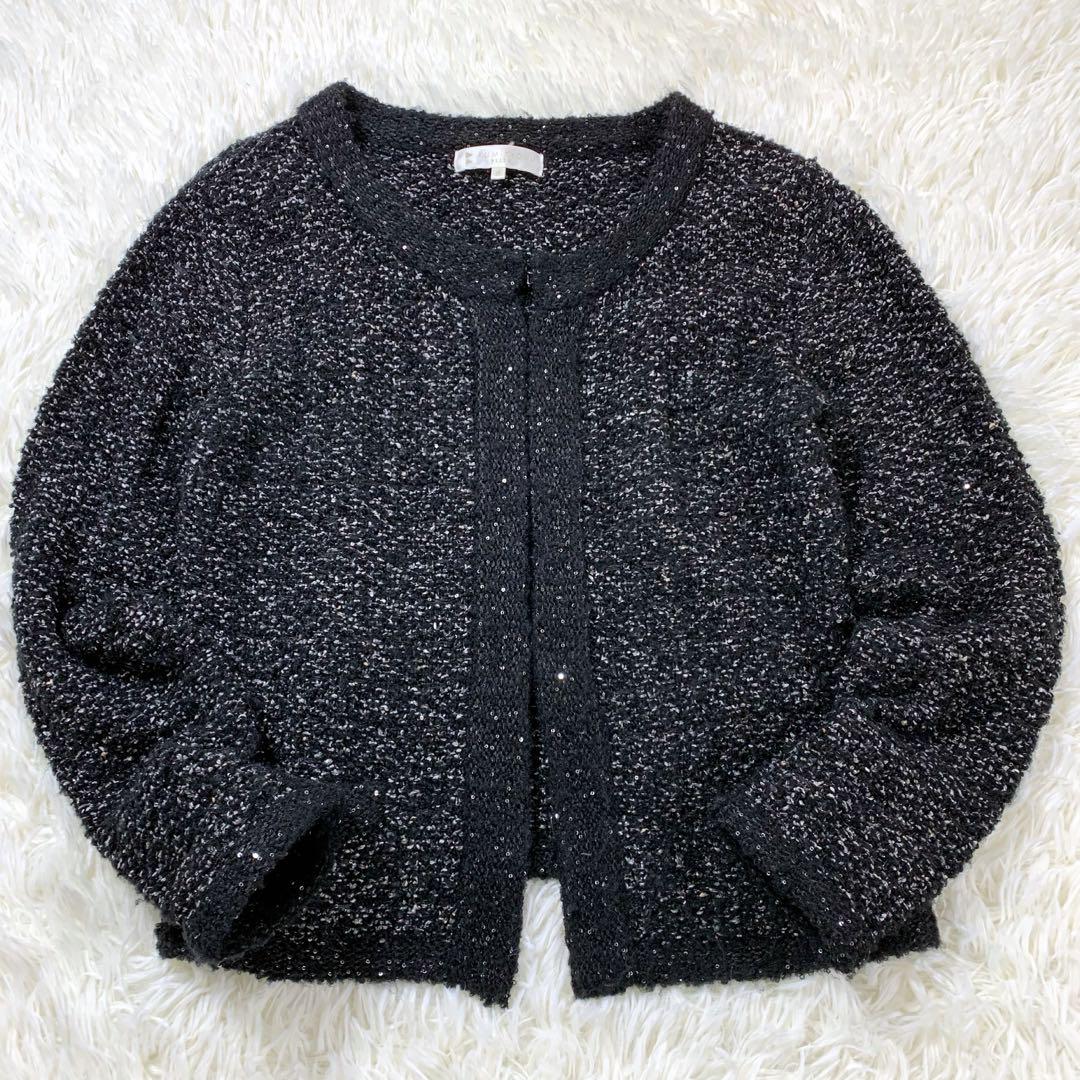 美品組曲　PRIER　シルク混ノーカラー ニット ジャケット スパンコール M