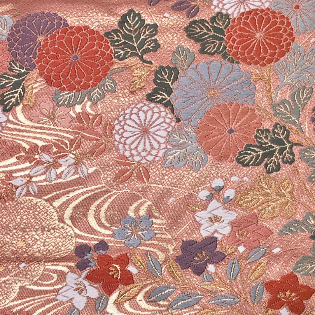 袋帯 流水に花模様 菊 桃染色 金糸 O-5600 袋帯 流水に花模様 菊 桃染色 金糸 O-5600