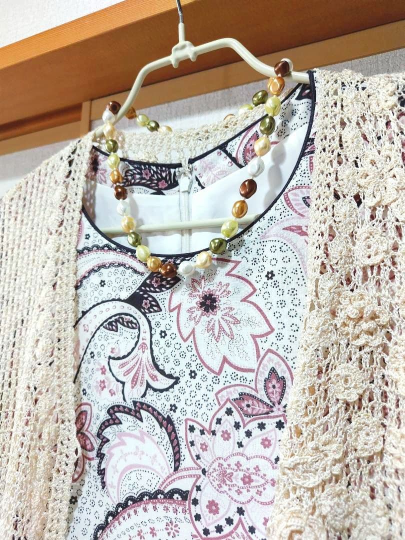 未使用品【Leilian】レリアン半袖ワンピース植物柄ベルト付サイズ15+