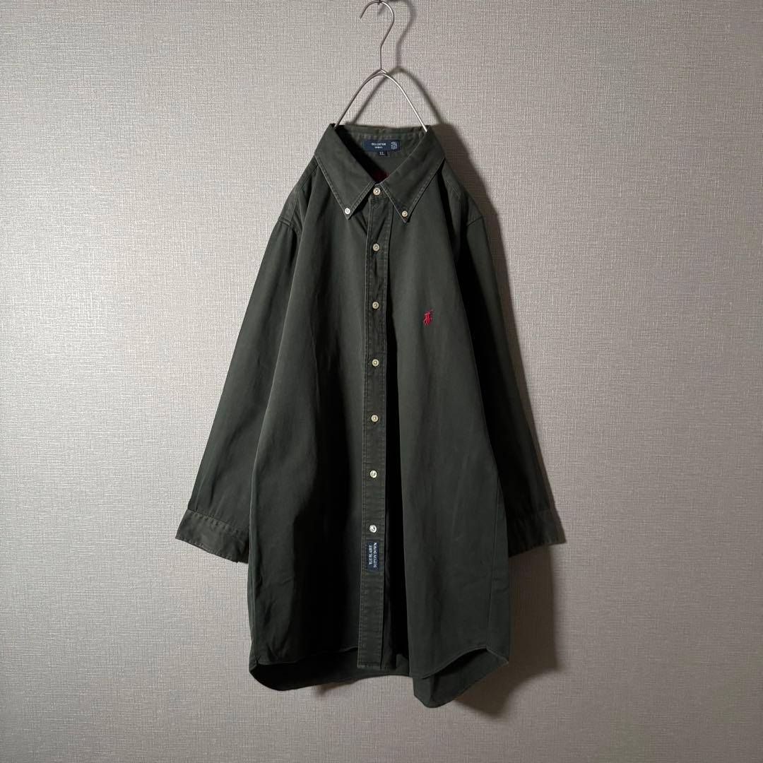 丈長★ラルフローレン 長袖BDシャツ ロゴ刺繍 カーキ 深緑 希少XL ゆるダボ