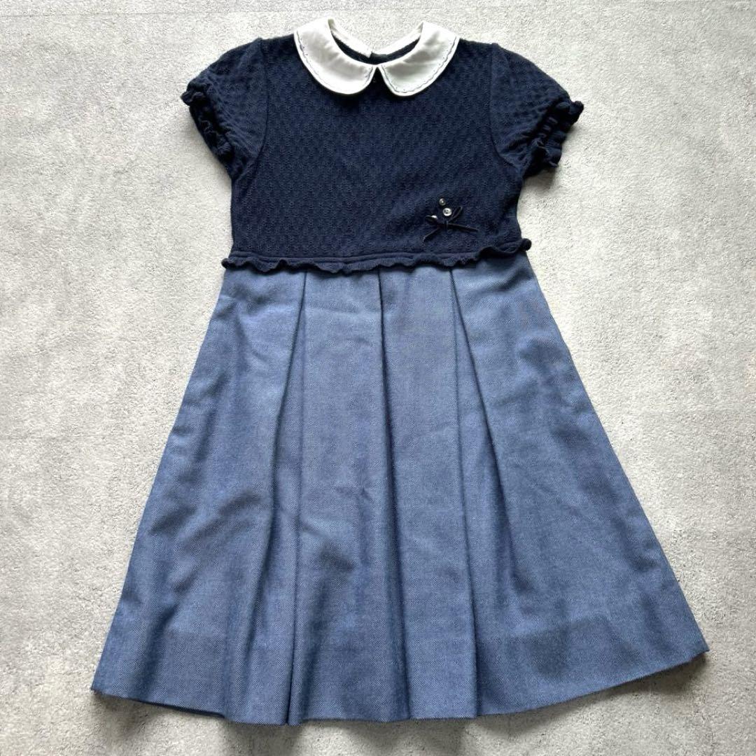 美品✨ファミリア 襟付 半袖 ワンピース ネイビー ドッキング 110 お受験