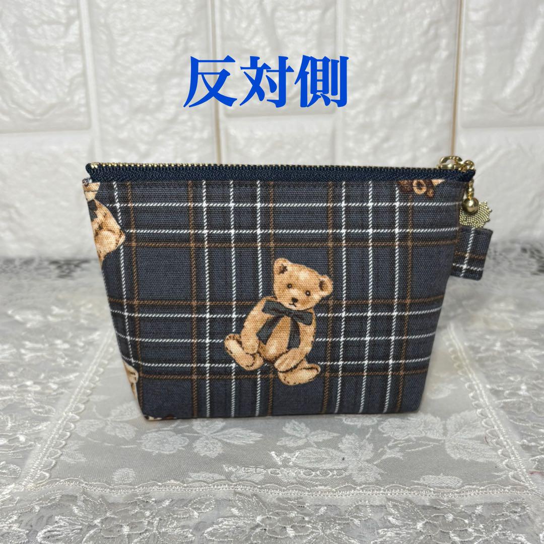 ミニポーチ 14cm ベアチェック柄 ブルー系 ハンドメイド