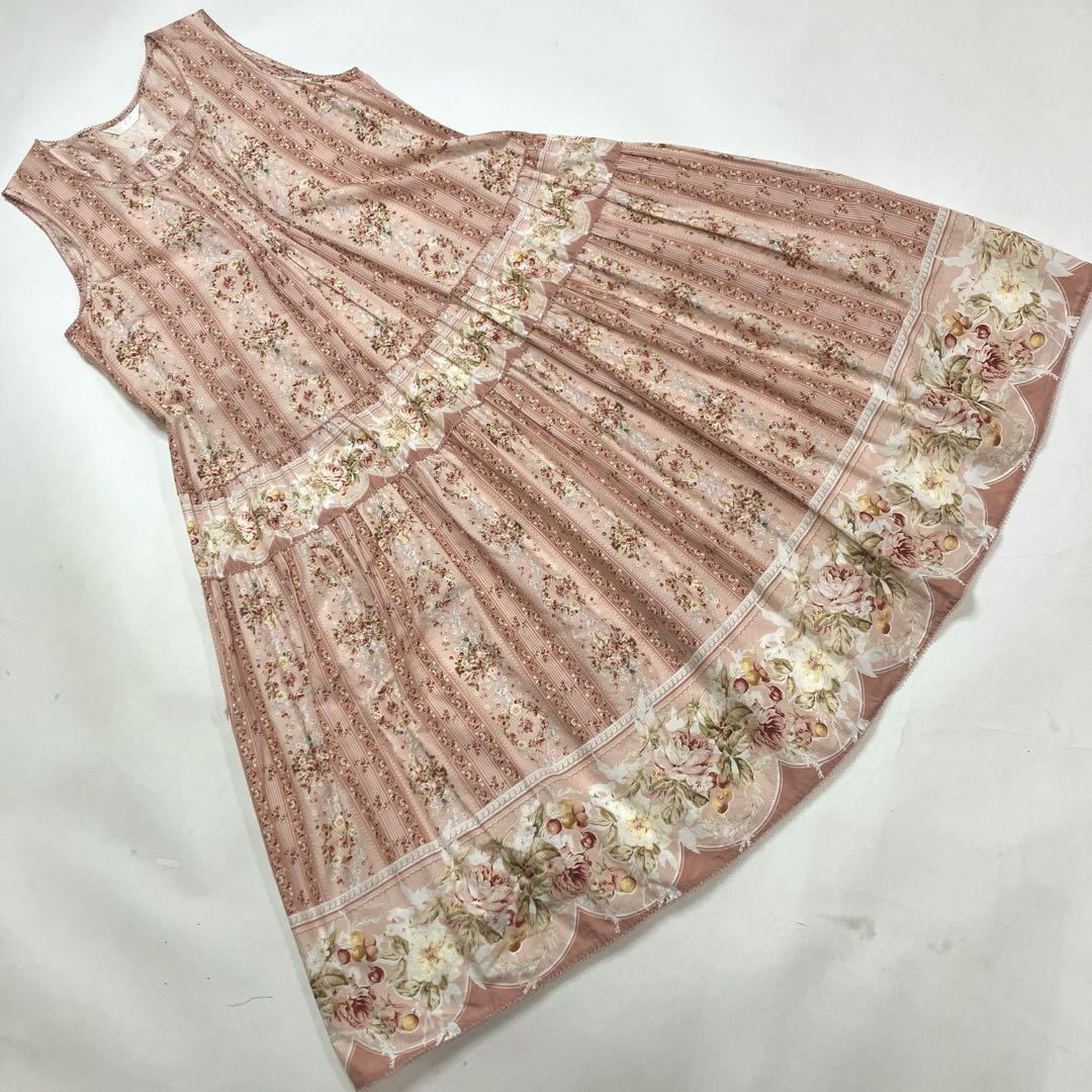 【美品】ピンクハウス ピンク バラとさくらんぼ柄 ノースリーブワンピース