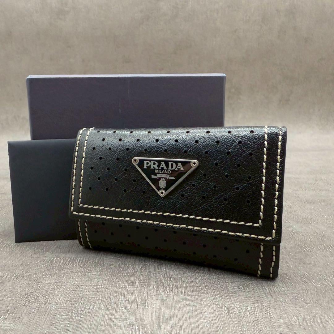 PRADA 31 キーケース パンチングレザー キーホルダー Gカード付き